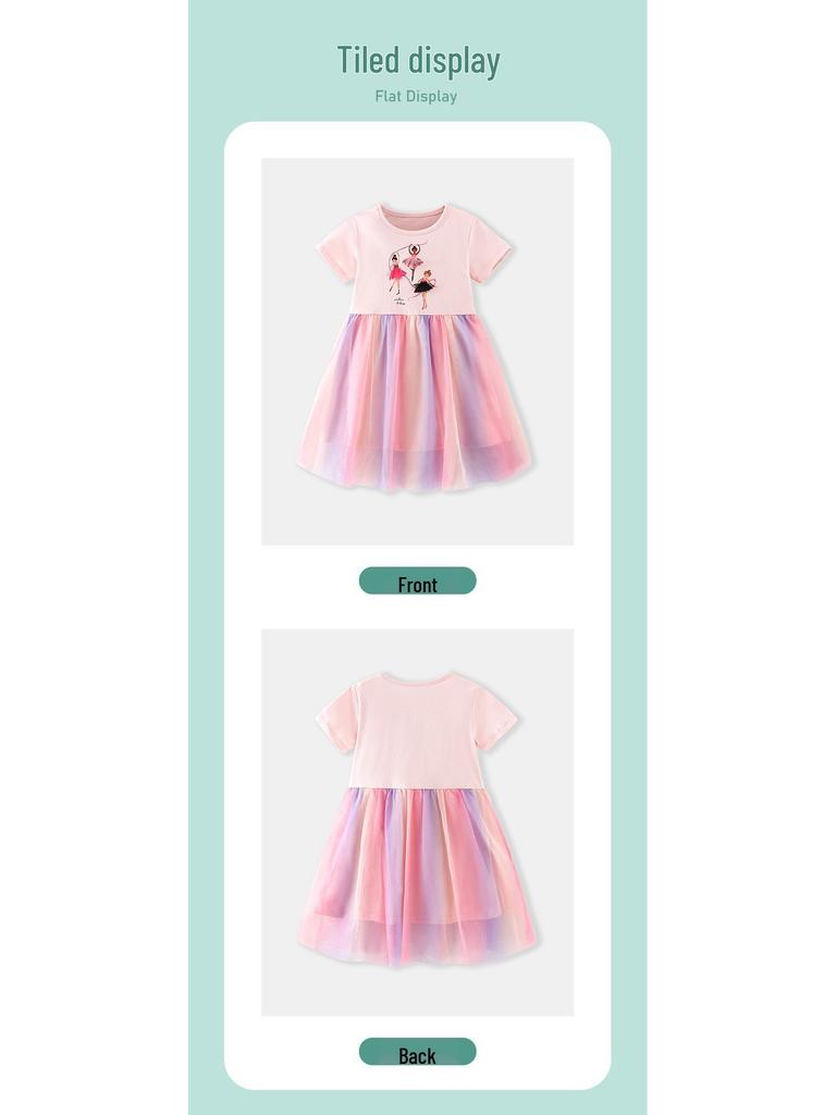 26-year Spring/Summer Kids' Rainbow Mesh Dress - Sweet Print, Round Neck, Short Sleeve, In Stock