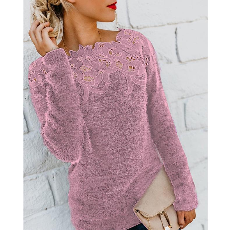 In-Stock 2025 Women's Solid Color Patchwork Lace Trim Long-Sleeved Sweater (OM8819)