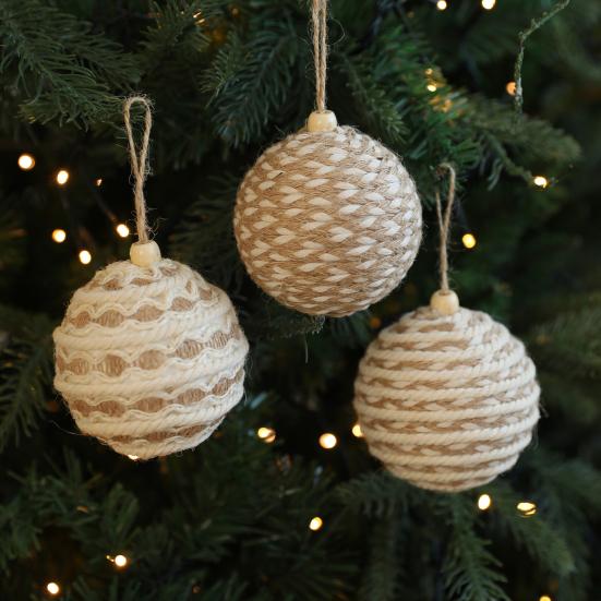 Christmas Ball Ornament Linen Design Rustic Distressed Hanging Ball Xmas Tree Decor Farmhouse Ornament