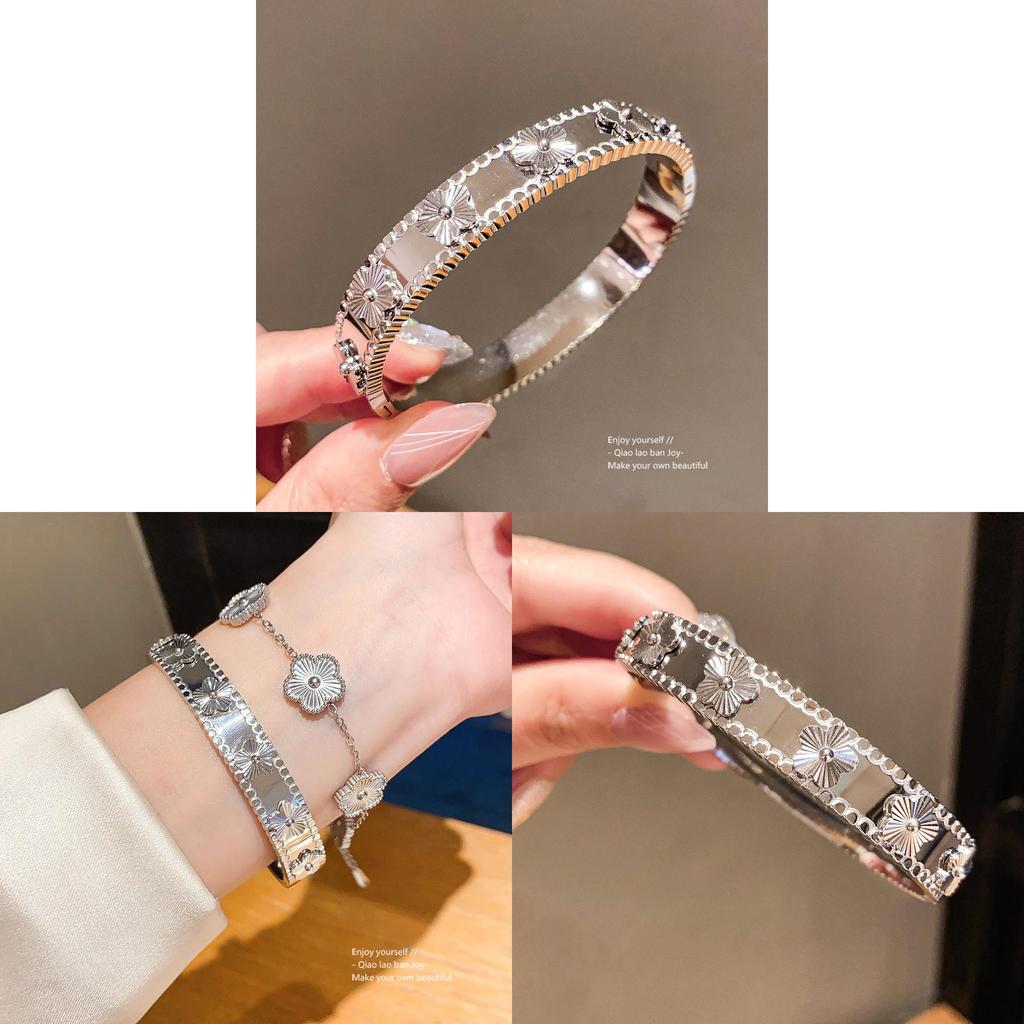Elegant Silver Floral Stainless Steel Bangle With Electroplated Finish For Daily Wear