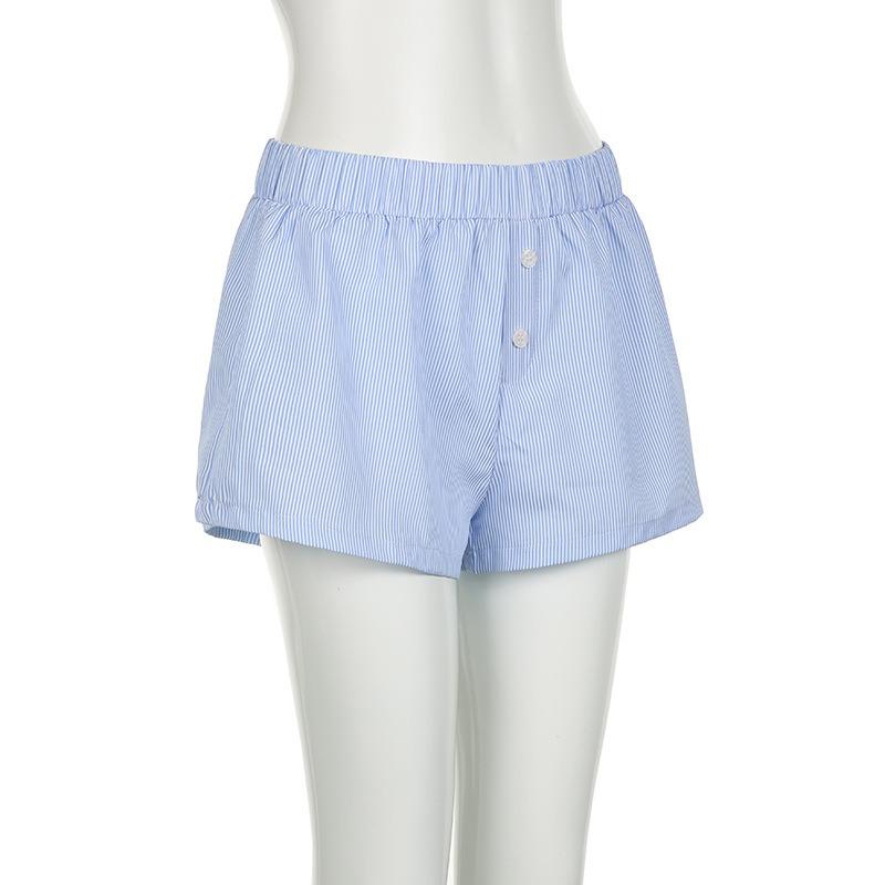 Fashion Summer Simple Striped Women Beach Shorts Loose Elastic Waist Sports Casual Short Pants Elegant Buttons Simple Basic Thin Women's Clothing