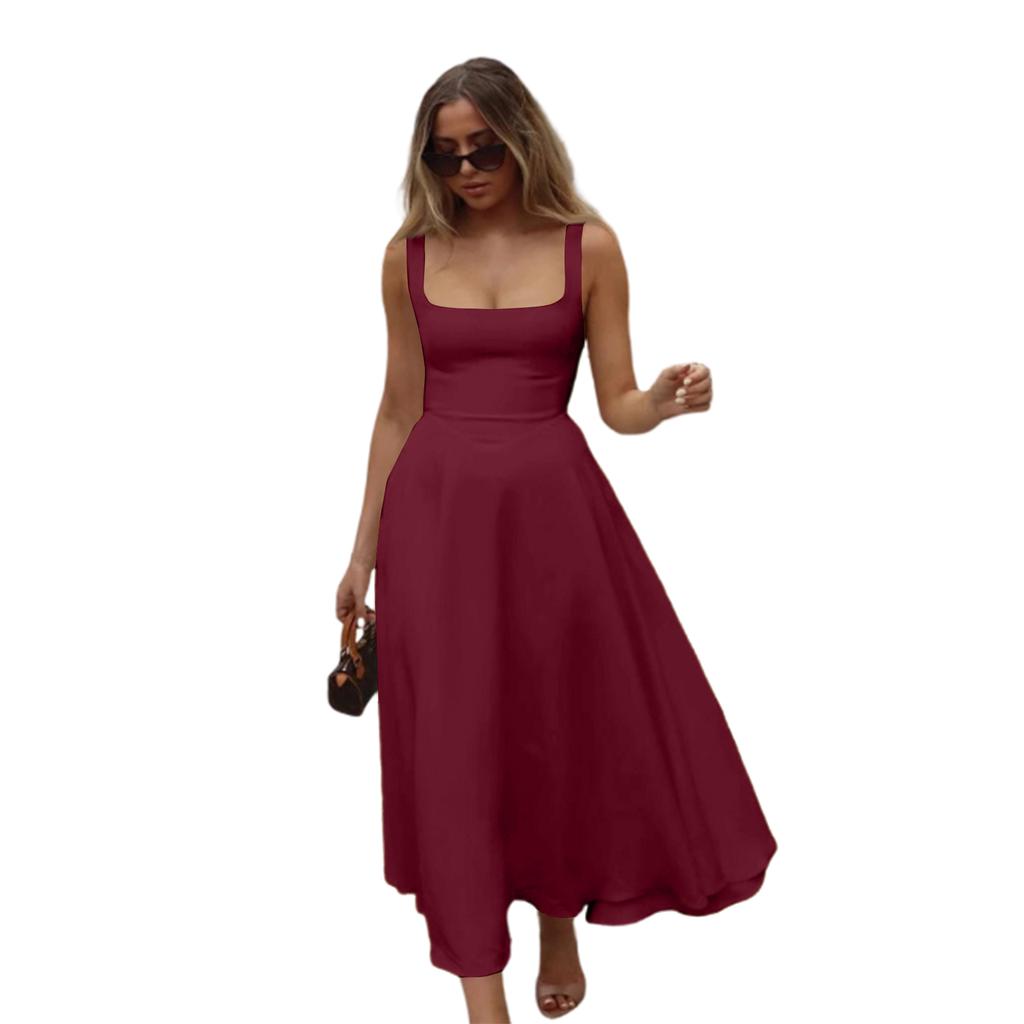 Women's Elegant Solid Color Square Neck Sleeveless Fitted Waist Suspender Dress