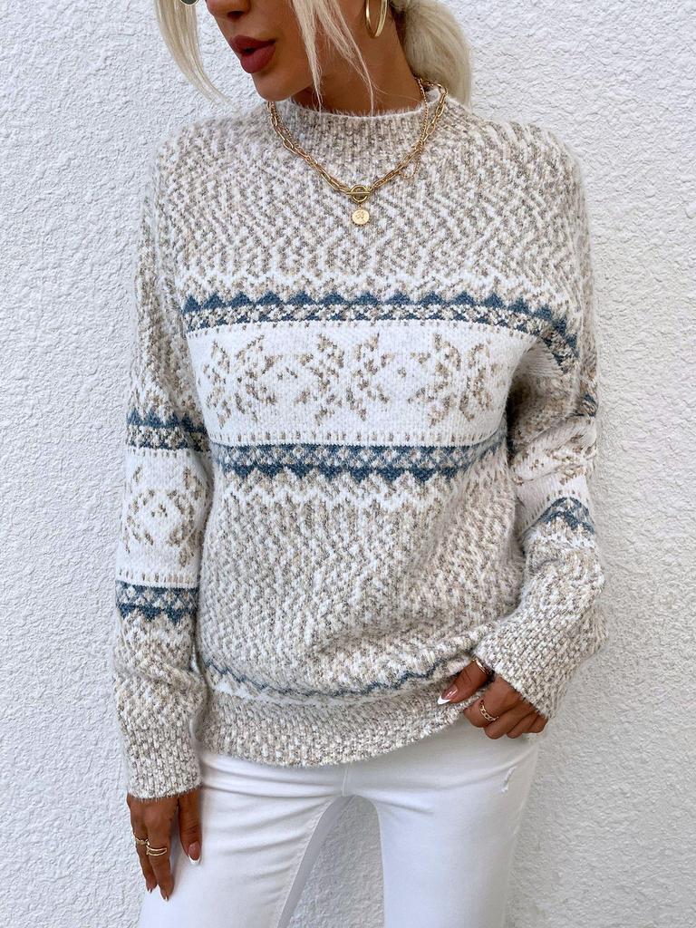 Women's Autumn/Winter Snowflake Pullover Sweater with Semi-High Neck