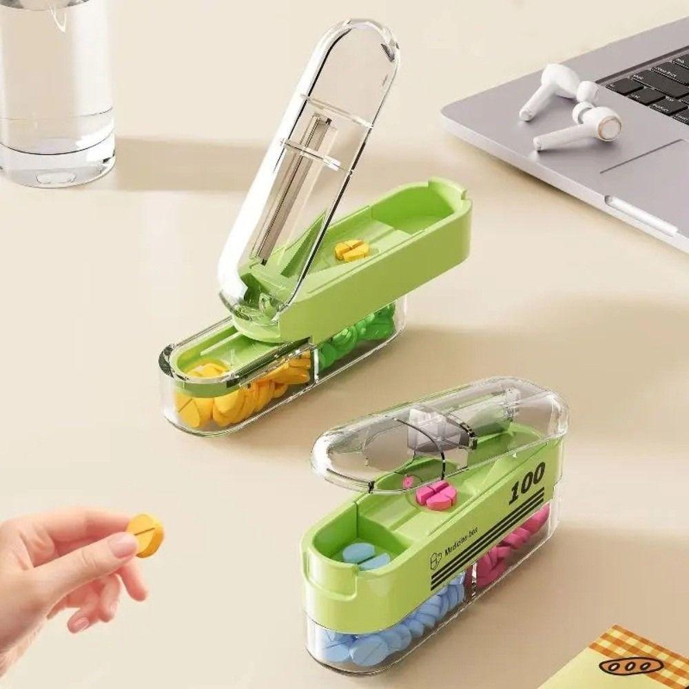 Precise Cutting Portable Pill Cutter 2 in 1 Halve/Quartering Pill Splitter with 2 Compartments Adjustable Pill Storage Box