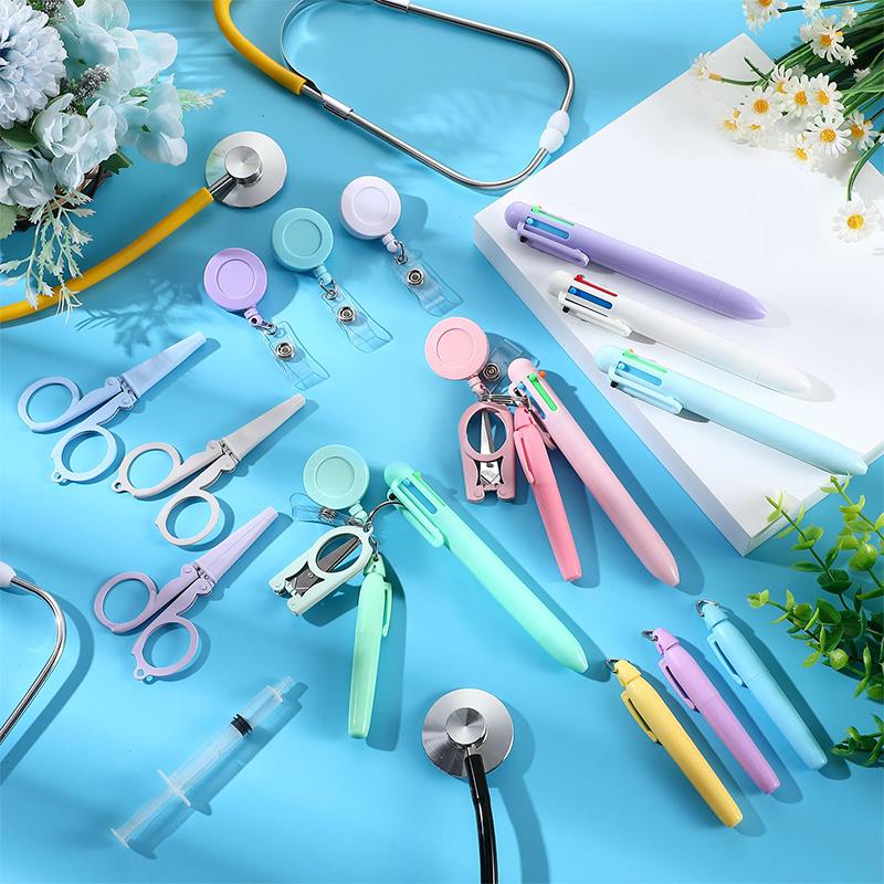 Macaron Nurse Pen Set Badge Mini Scalable Badge Accessories Ballpoint Pen Fluorescent Pen Folding Scissors Keychain