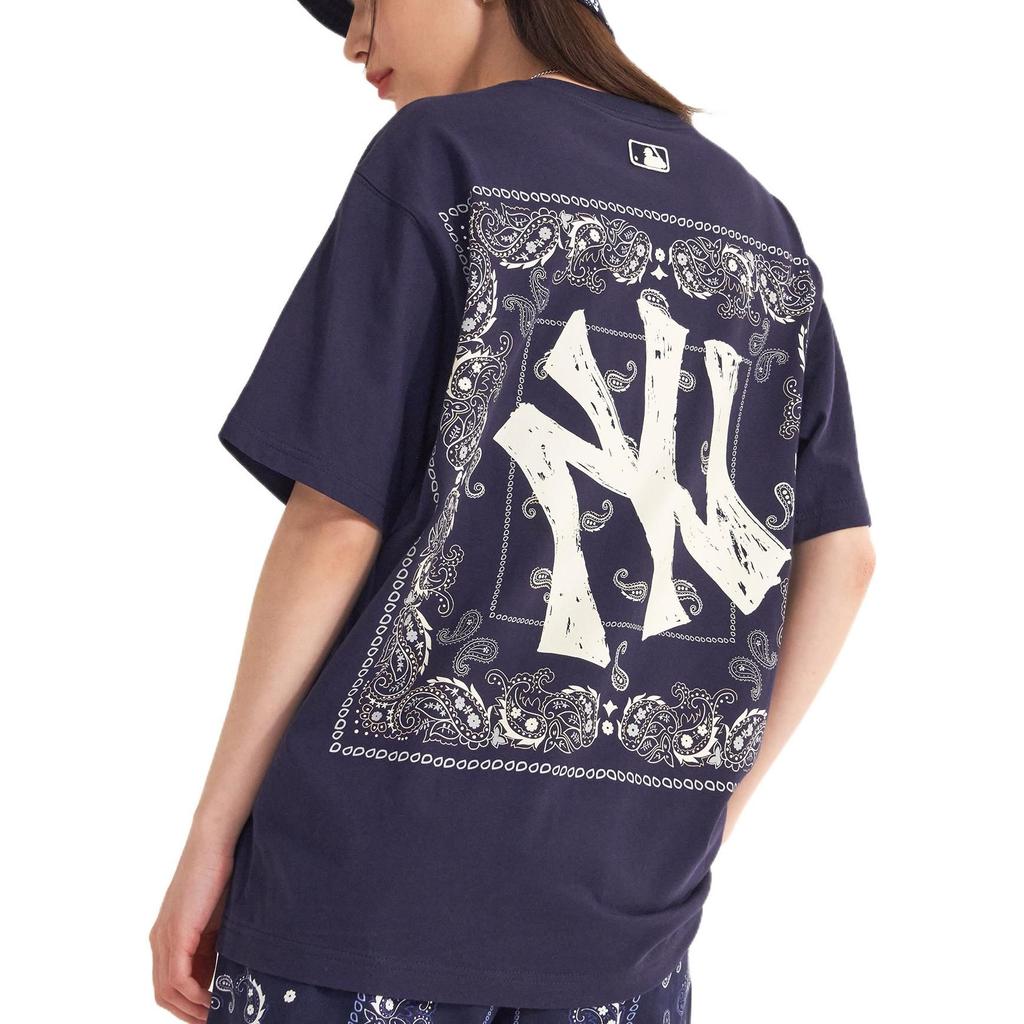 MLB Cashew Flower T Shirts Unisex Navy Blue Crew Neck Moderate 3ATS52023-50NYD