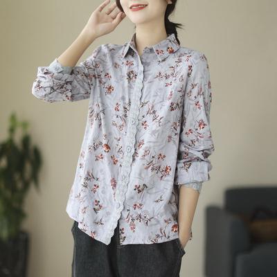 Spring Floral Linen Shirt with Lace Patchwork Long Sleeved Collar Casual Retro Cotton Linen Printed Shirt Blouses & Shirts