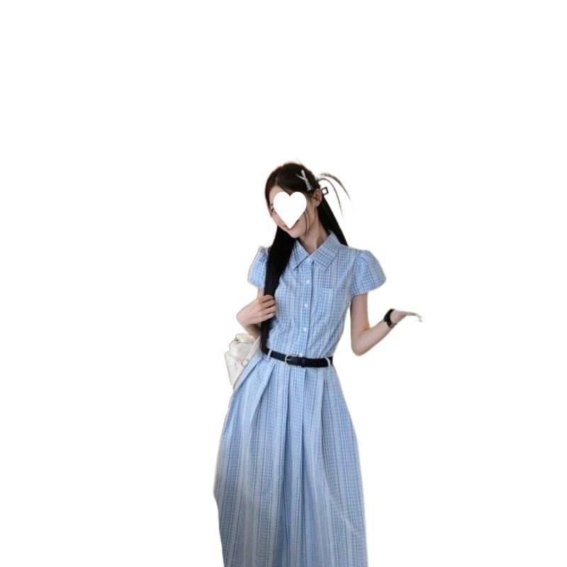French blue striped shirt dress women's clothing summer new waist and thin temperament a-word long dress