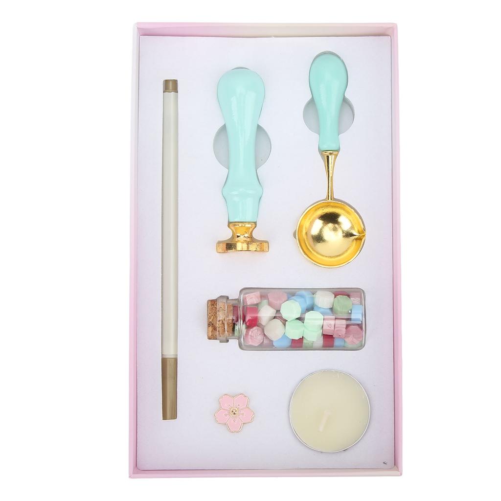 Wax Sealing Kit Vintage Color Matching Blue Handle Gift Box Packaging Cherry Flower Brooch Detac