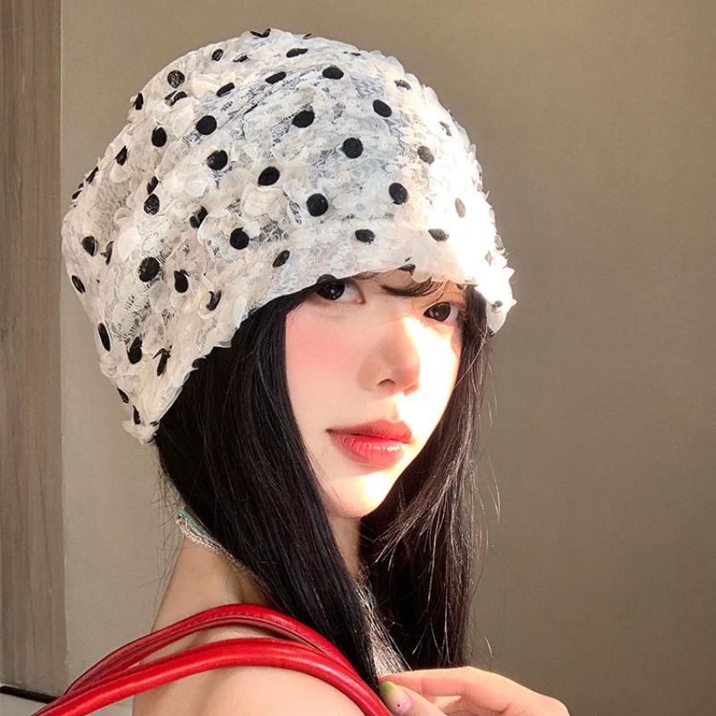 Polka Dot Lace Slouchy Hat for Women Spring Summer Thin Breathable Korean Style Face Slimming Turban Large Head Circumference Versatile Cap