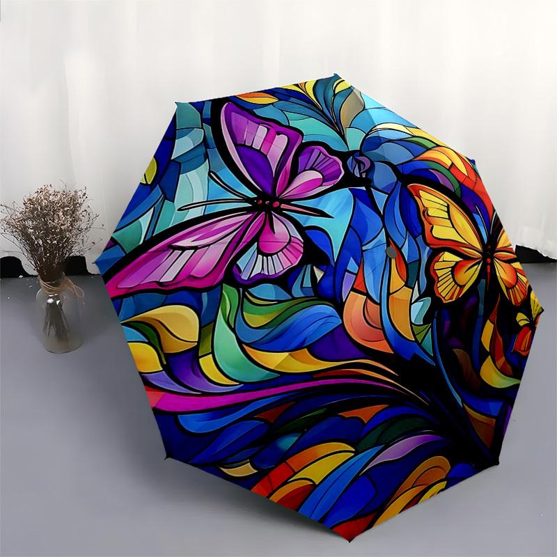 1pc Colorful Butterfly Stained Glass Auto-Folding Umbrella with 3-Fold Design, 8-Bone Iron Frame - Perfect for Outdoor Use, Festive Gifts, Travel, Dai