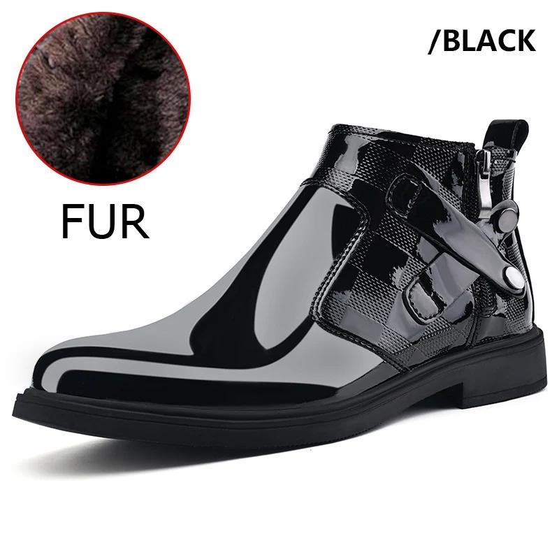 Fashion Winter Plush Ankle Boot Business Mirror Leather Chelsea Men's Boots Genuine Leather Wedding High Top Leather Shoes Cowboy Boots