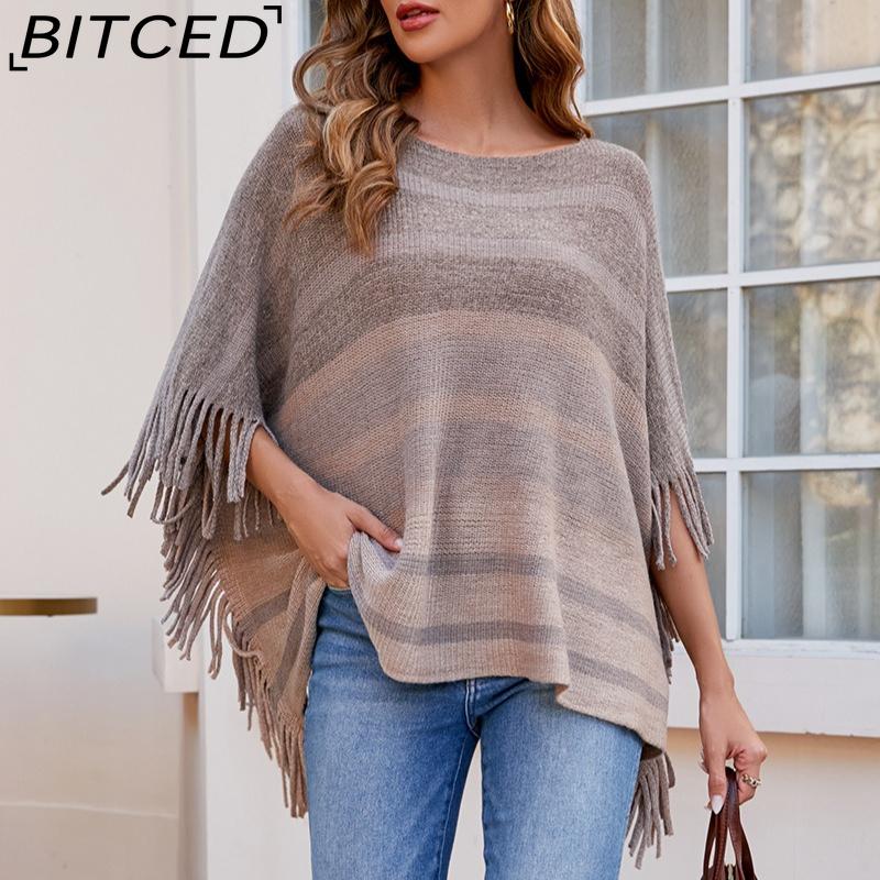 BITCED Off-Shoulder Fringe Shawl Women's Autumn Color-Block Striped Cape Coat