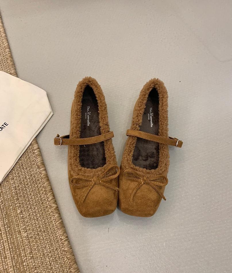 Internet Celebrity French Bow Warm Flat Bottom Fluffy Shoes Women Wear 2025 New Velvet Mary Jane Cotton Shoes
