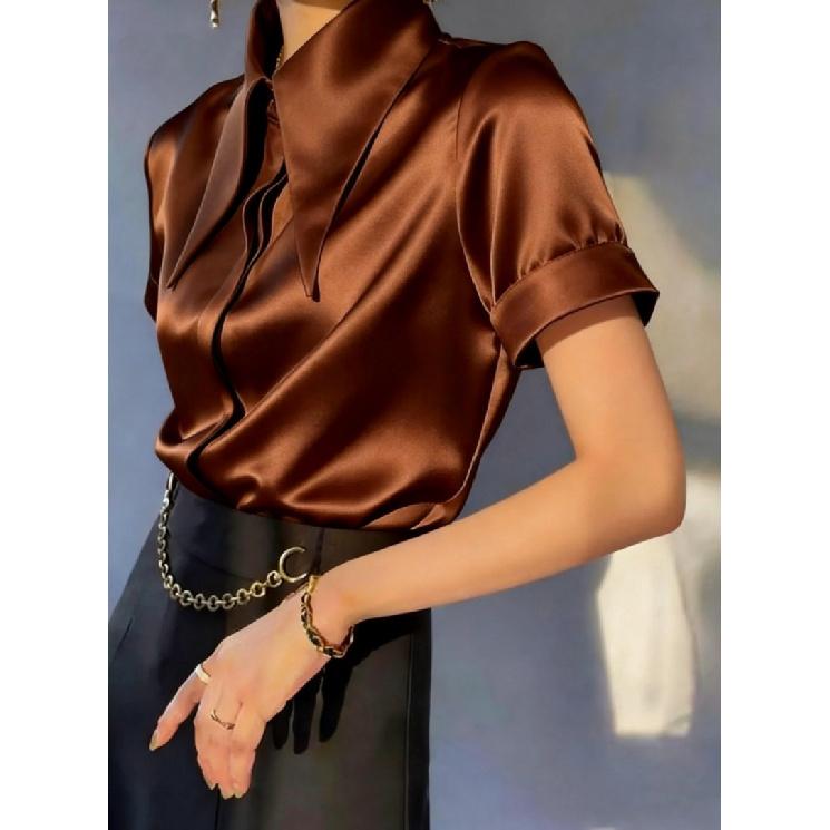 2026 Summer New Women s Fashion Versatile Satin Short-Sleeve Shirt Top S коричневый