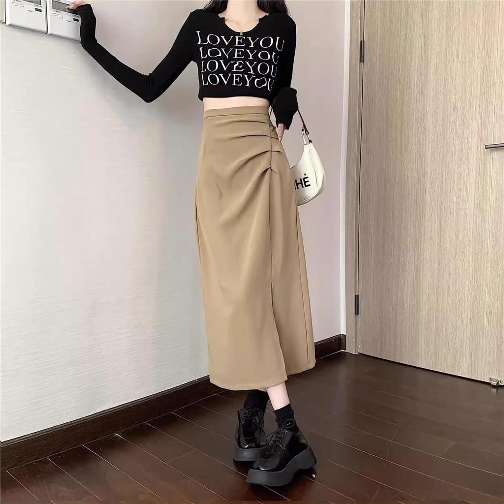 High Waist Slimming A-Line Midi Skirt with Slit - Korean Style Bodycon In Black