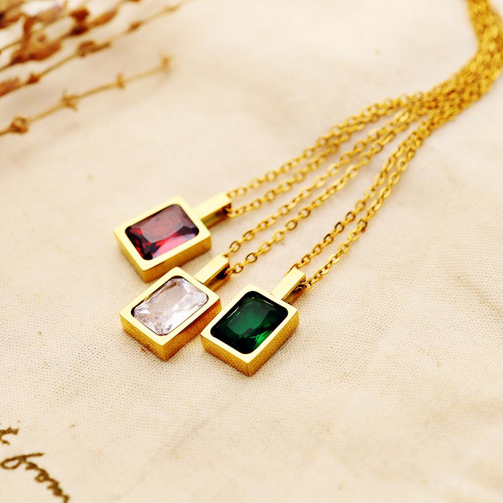 Women's Trendy Square Zircon Crystal Sugar Cube Pendant 18K Gold Plated Stainless Steel Link Chain necklace