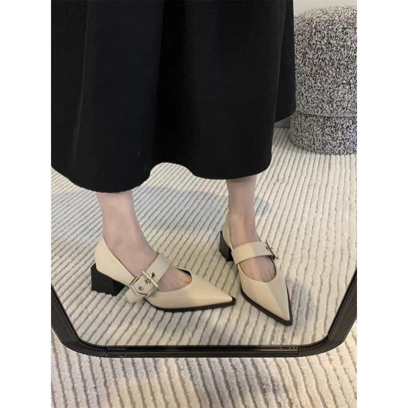 French retro Mary Jane thick-heeled single shoes women's 2025 new temperament pointed one-word buckle with small fragrant high heels