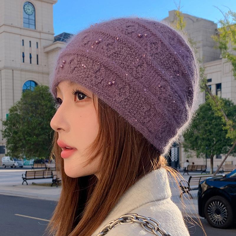 Rabbit Fur Wool Hat Women's Autumn and Winter New Loose Warm Ear Protection Pullover Hat Knitted Hat