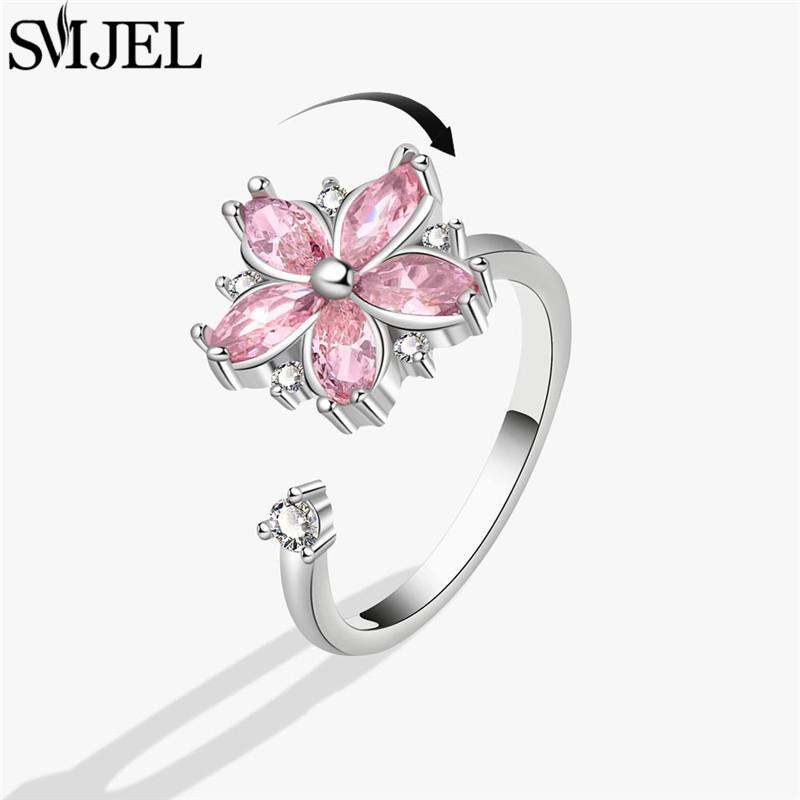 SMJEL Fidget Spinner Ring Anxiety for Women Crystal Demon Eyes Anti Stress Rings Flower Planet Sun Rotating Jewelry Wedding Gift