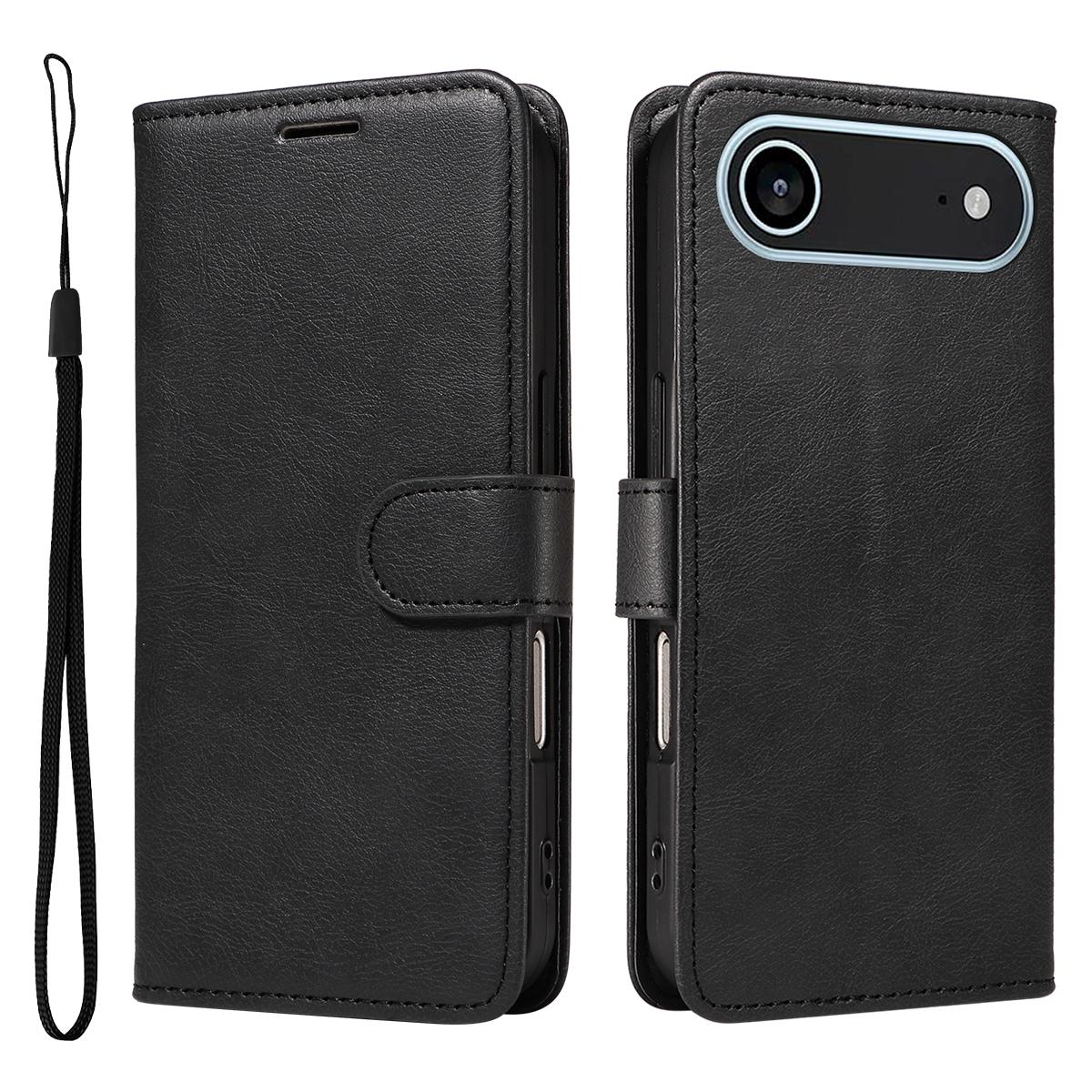 

For iPhone 17 Air Leather Wallet Case with Strap Solid Color Phone Stand Cover Black