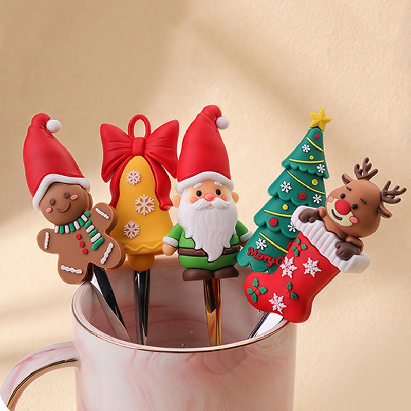 2Pcs Christmas Themed Gold Spoon Fork Set With Cute Santa Gingerbread Tree Handles For Holiday Dinner Parties And Xmas Gift
