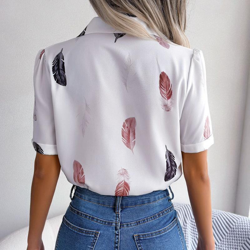 Women Summer Suit Collar Feather Loose Short Sleeve Shirt Blouses Loose All Match Tops