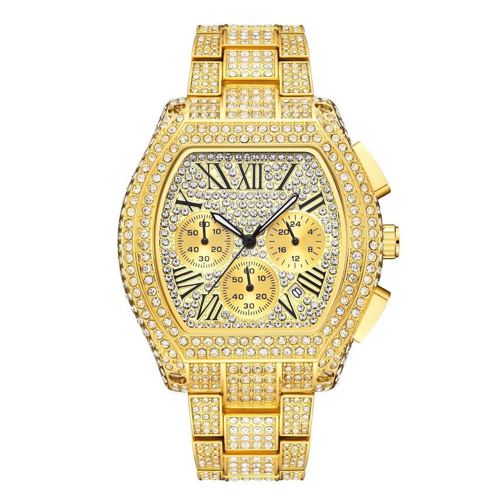 Hip Hop Iced Out Watch for Men Full Diamond Chronograph Quartz Wristwatch Stainless Steel Waterproof Luminous Tonneau Wristwatch