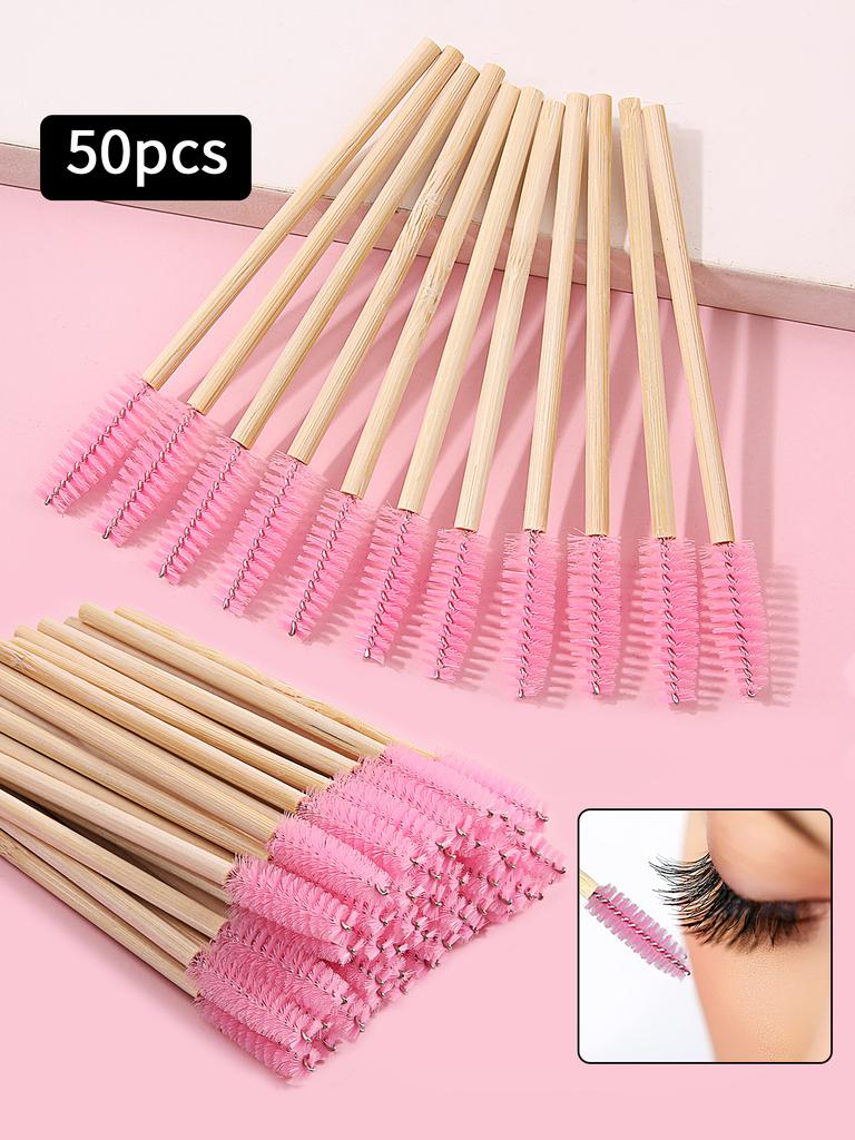 50Pcs Bamboo Handle Eyelash Brush Makeup Brush Eyelash Extension Mascara Wands Applicators Eye Lash Curling Comb Makeup Tools