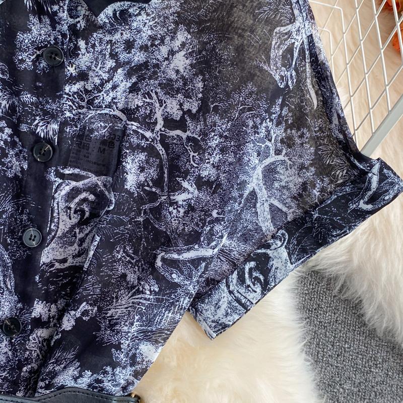 RUGOD 2022 Sommer Ny Revers Kortermet Lett Velkjent Stil Over-kneet Retro Print Kjole Elegant Midje og Stor Sving Lang Kjole