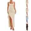 Sleeveless Square Neck Long Dress with High Slit and Ruched Detailing Bodycon Fit Elegant Solid Pattern Design for Women