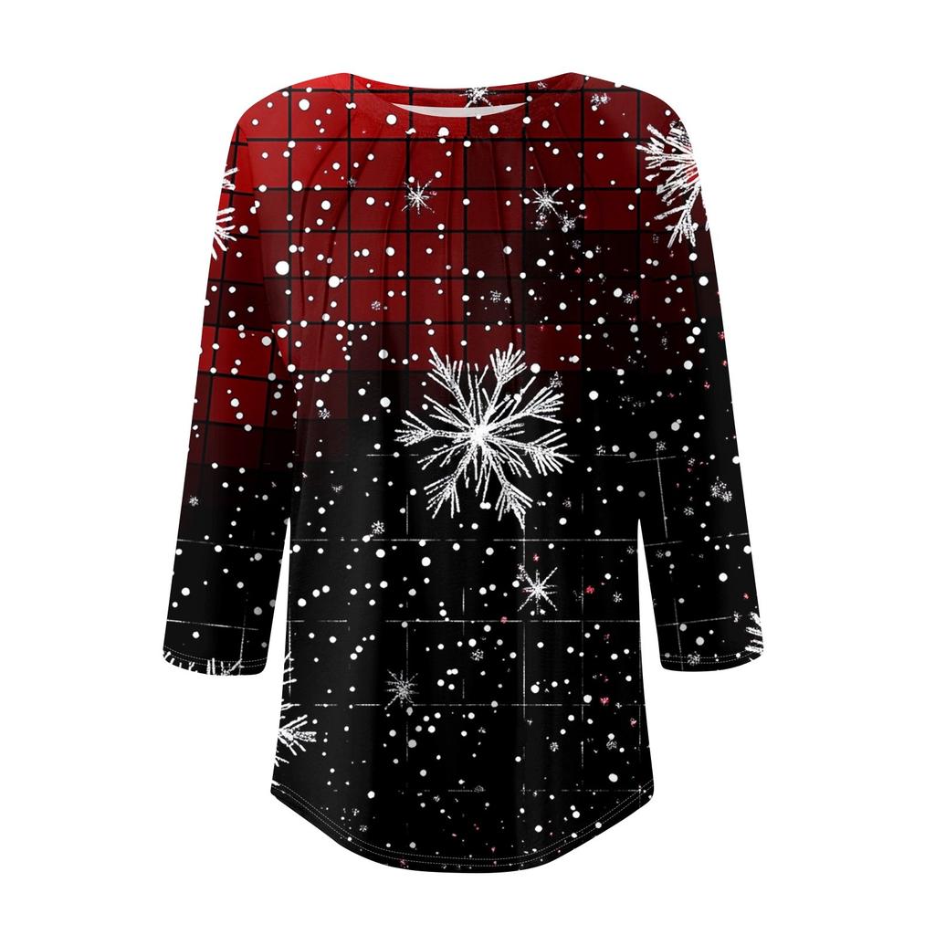 Women's Fashionable Round Neck Seven Quarter Sleeve Retro Printed Casual Basic Pleated T-shirt Top