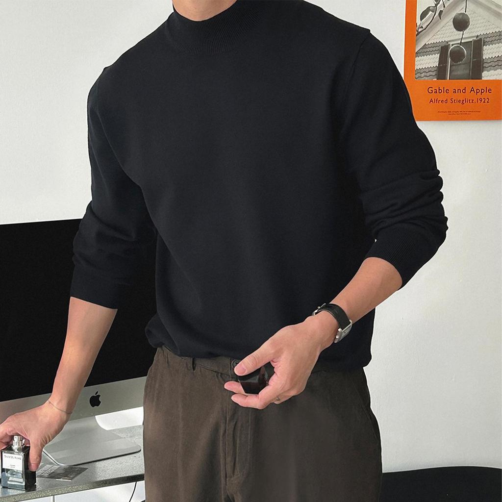 Herrenschwarzer Rollkragenpullover im Hongkong-Stil, Slim Fit, einfarbig, warme Strickware für Herbst/Winter