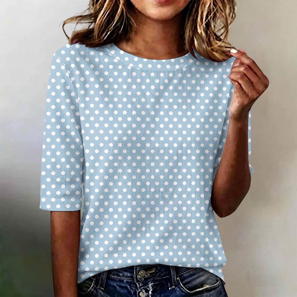 Women's Casual Loose Fit Short Sleeve Top Round Neck Lightweight Comfortable Soft Fabric Polka Dot Pattern Everyday Wear