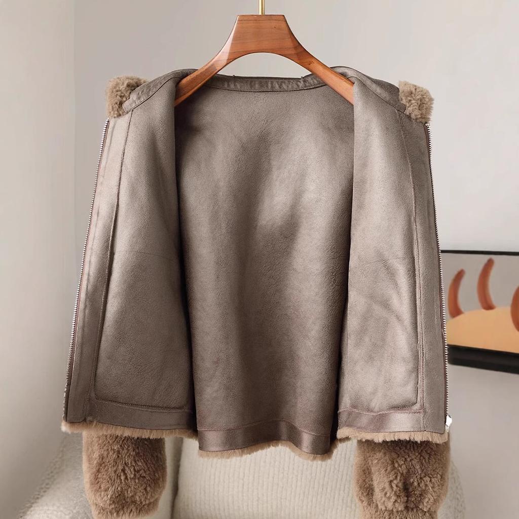 Kaschmirmantel mit Kapuze Mantel mit integriertem Fell Damen Kurz Lammfell Reine Wolle