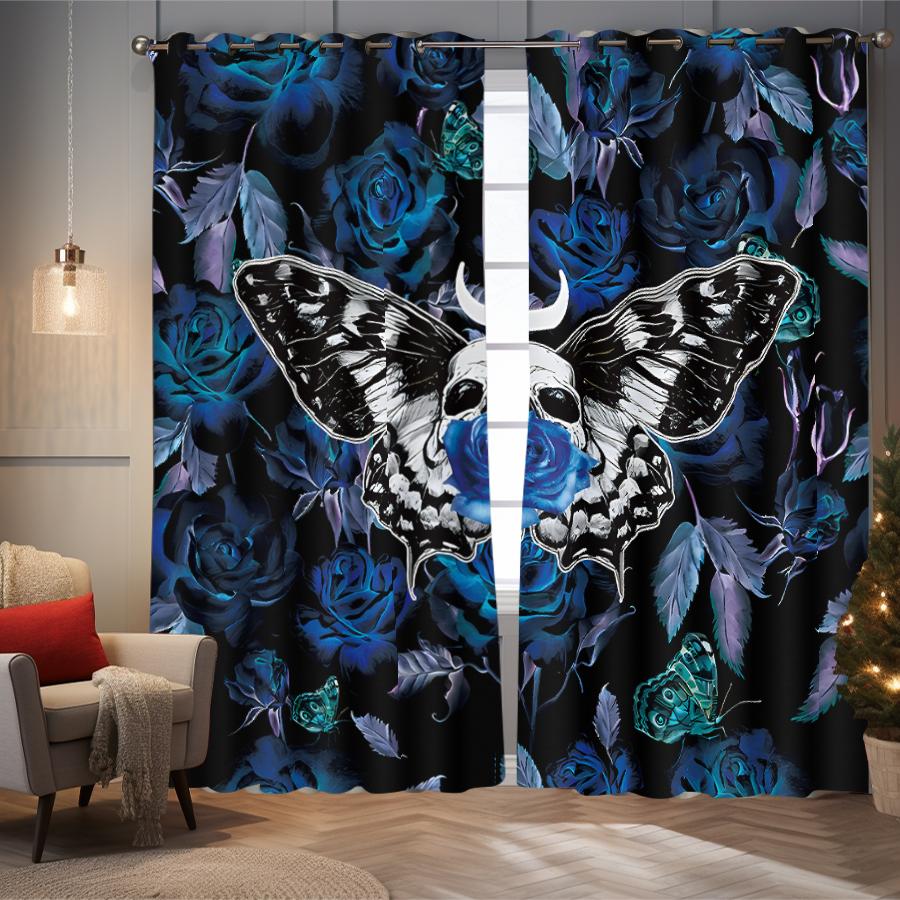 2 pieces of Gothic style skull moth blue rose patterned printed curtains for decorating bedrooms and living rooms