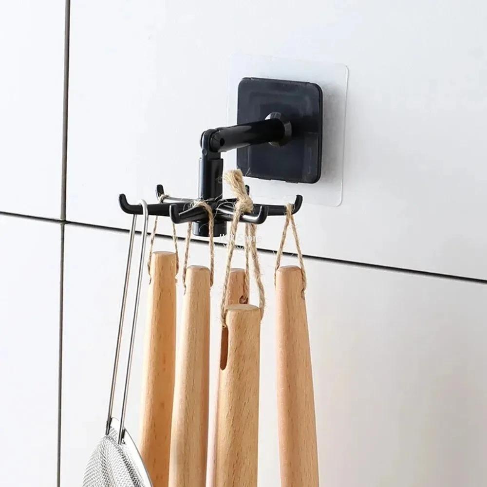 Self Adhesive Kitchen Utensil Hook Rack 360 Degree Rotating Folding Wall Hanger for Spatulas Spoons Ladles and Cooking Tools
