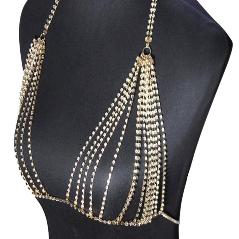Moda Feminina Retro Sexy Dourado Cristal Liga Bikini Sutiã Correntes Joias Corpo Colar