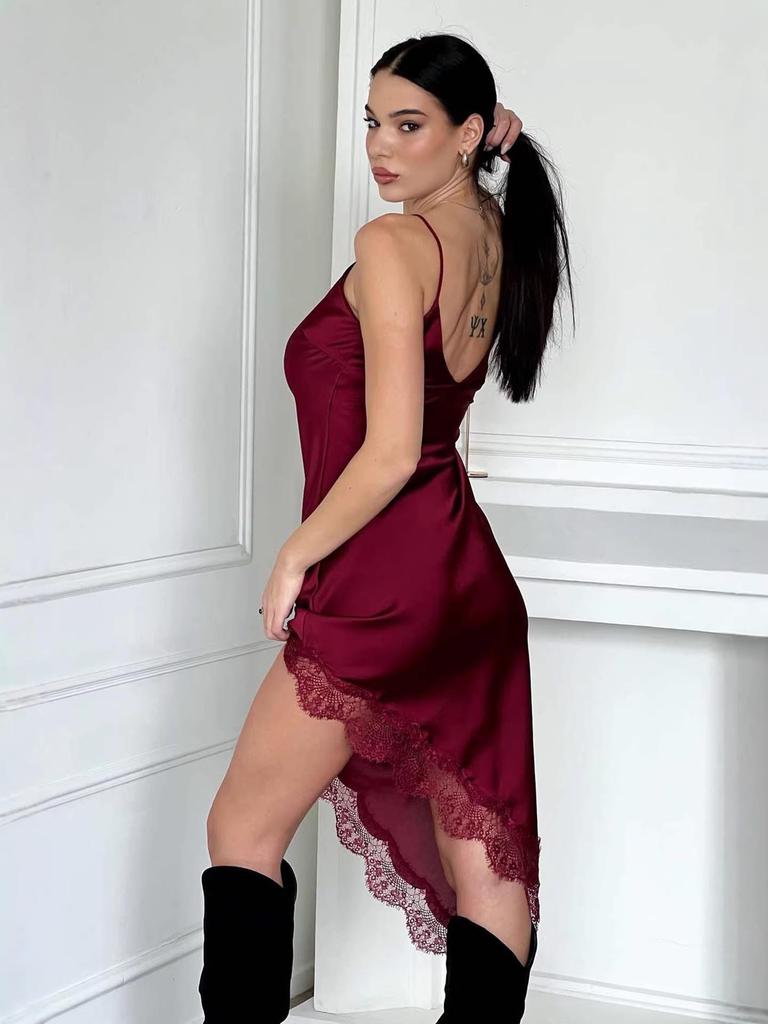 S32370 Off-shoulder V-neck Backless Color Block Lace Camisole Silk Satin Dress