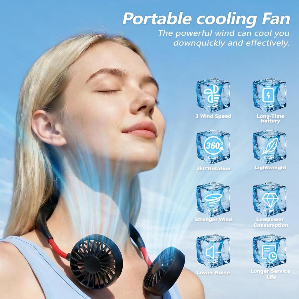 360° Rotation Portable Cooling Neck Fan Personal Neck Fans 3 Adjustable Speed Wearable Neck Fan for Office Sport Travel