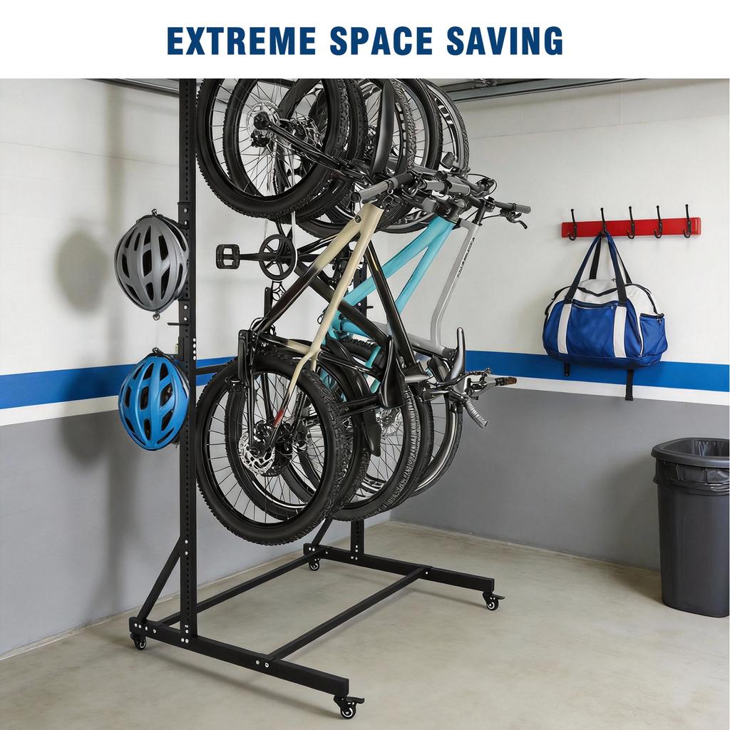 Freestanding Bike Storage Rack with Locking Casters 6 Hooks Heavy-Duty Hanging Bike Holder Height Adjustable Home Garage Stand