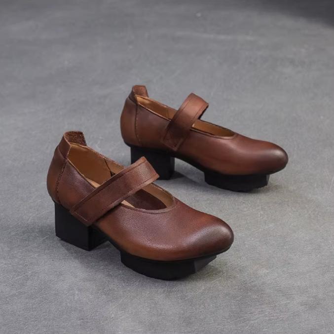 Johnature Allsidige pumps Ekte skinn Hæler Retro Rund tå Grunne Damesko