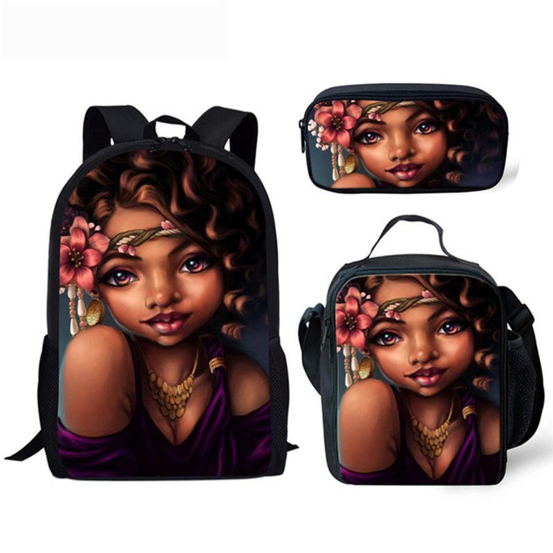 Classic Popular Novelty Cute African girl 3D Print 3pcs/Set pupil School Bags Laptop Daypack Backpack Lunch bag Pencil Case