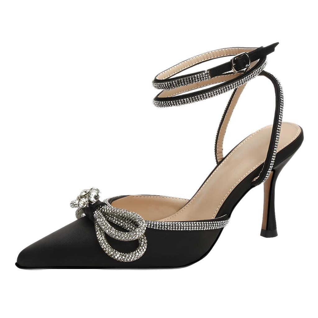 Summer Baotou Back Empty High-heeled Sandals Bow Rhinestone High-heeled Shoes European and American Design Sense Niche European and American Style De