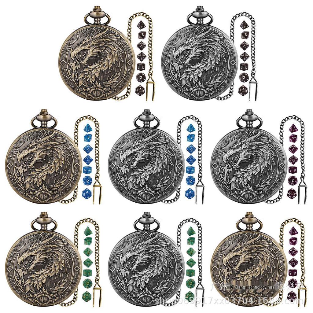 Extra-Large Retro Dragon Fire Pocket Watch Case with DND RPG Dice for Board Games