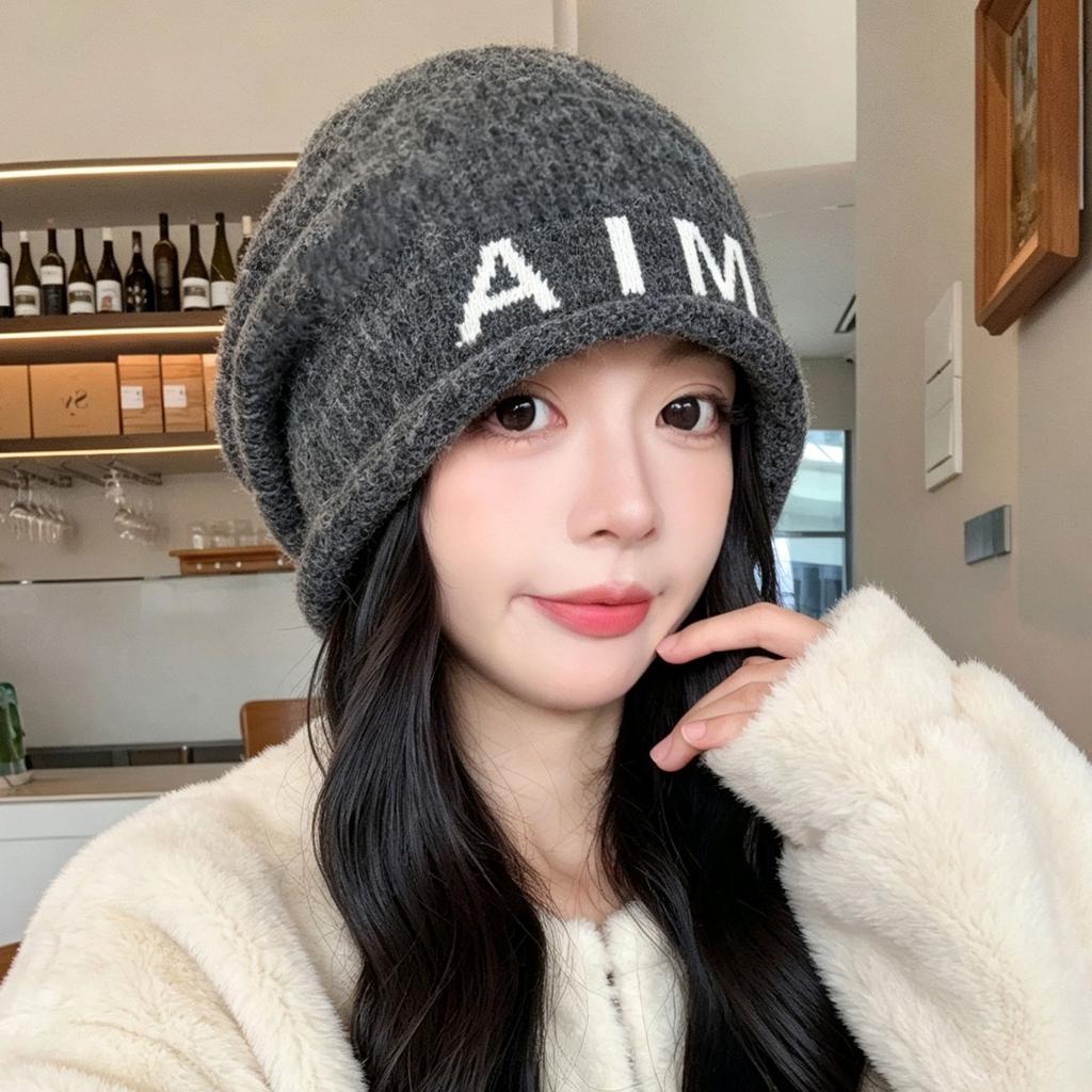ins letter knitted bag hat women's autumn and winter fashion travel versatile pullover hat big head circumference cold hat