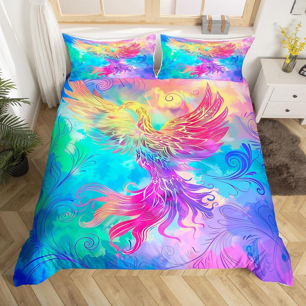 Colorful Phoenix Duvet Cover Set Cartoon Birds Bedding Set Full King Size Microfiber Flame Wings Comforter Cover For Boys Girls