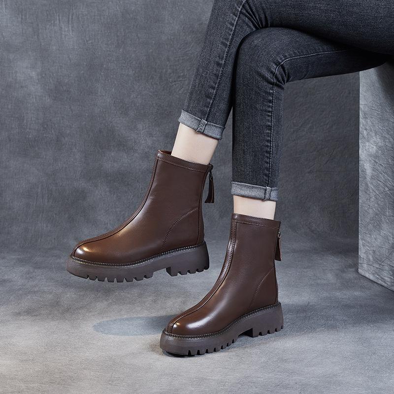 Plattform Martin-kängor i läder 2025 höst och vinter damskor dragkedja bak korta kängor dam-Maillard-kängor dam-