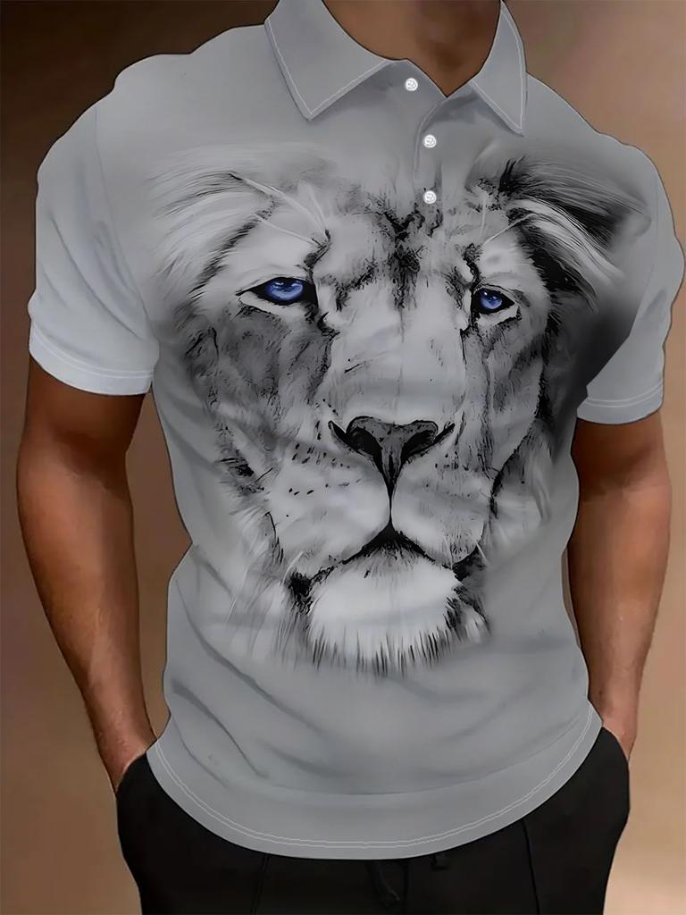 Men'S Short-Sleeved POLO Shirt, Flat Digital Printing Pattern - Textureless Blue-Eyed White Lion Majestic Portrait Painting, Fashionable And Easy