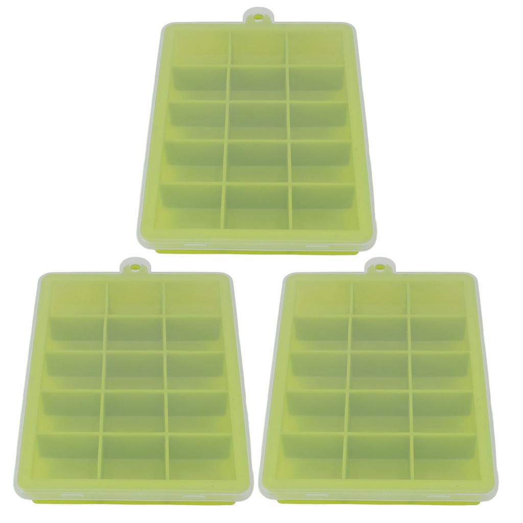 3pcs Ice Cubes Mould Silicone Stackable Dishwasher Safe 15 Grids Ice Tray with Removable Lid for Home Bar Green